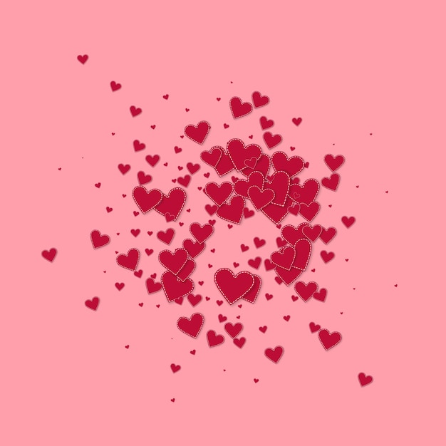 Coriandoli di amore cuore rosso. Esplosione di San Valentino sfondo formidabile. Coriandoli di cuori di carta cuciti che cadono su sfondo rosa. Bella illustrazione vettoriale.