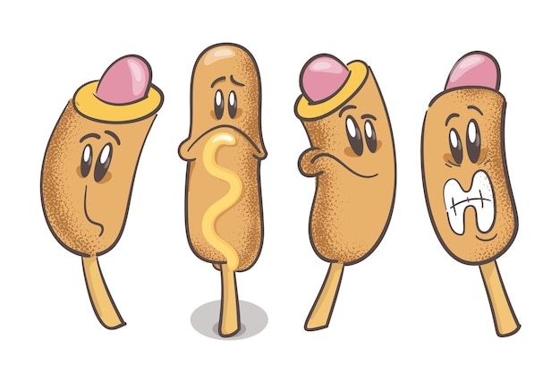 Corn Dog Un insieme di personaggi dei cartoni animati divertenti su sfondo bianco Vettore