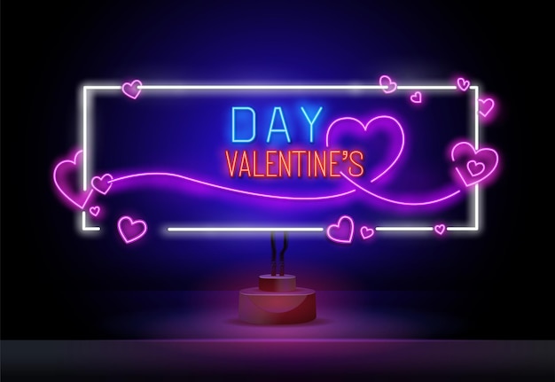 Cornice al neon di buon san valentino il giorno di san valentino con cuori al neon e elementi decorativi per il matrimonio...