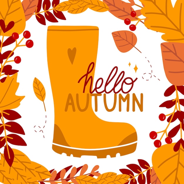 Cornice autunnale con foglie. Ciao carta d'autunno. Stivale autunnale.