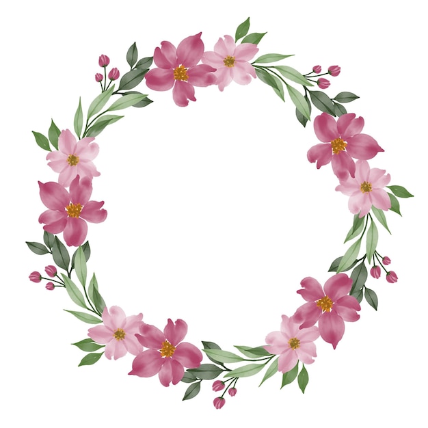 cornice circolare con ghirlanda di fiori rosa con bordo di foglie e fiori rosa