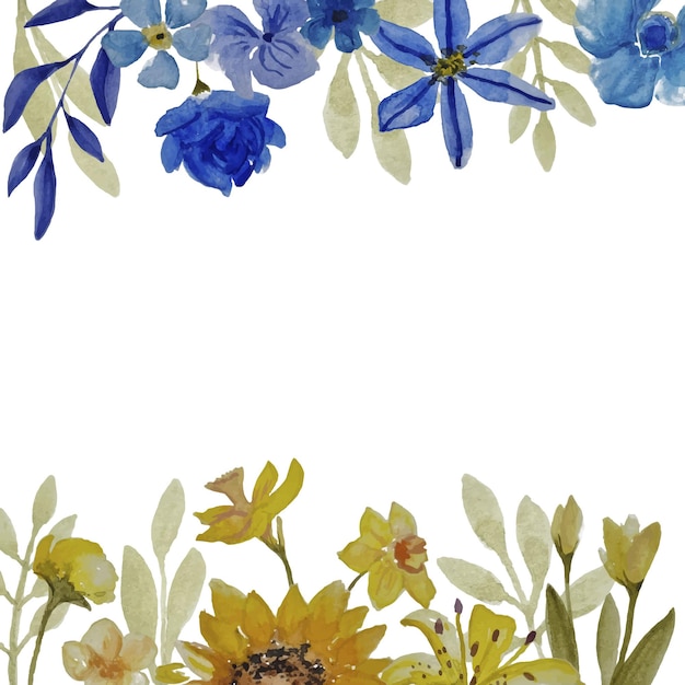 Cornice decorativa ad acquerello con fiori ucraini vettoriali disegnati a mano blu e gialli