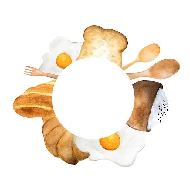 Cornice del cerchio della colazione. Pane, uovo fritto e riso nella ciotola di disegno. acquerello