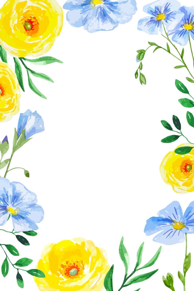 Cornice di auguri floreale ad acquerello per biglietti, inviti con fiori blu e gialli