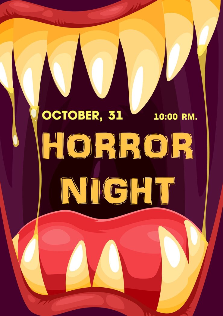 Vettore cornice di bocca di mostro di notte di orrore di halloween del poster di invito a una festa dolcetto o scherzetto