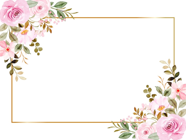 Vettore cornice dorata con rose rosa e foglie verdi cornice floreale rosa rosa con acquerello