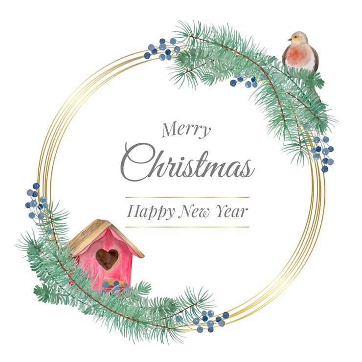 Cornice dorata di natale con birdhouse