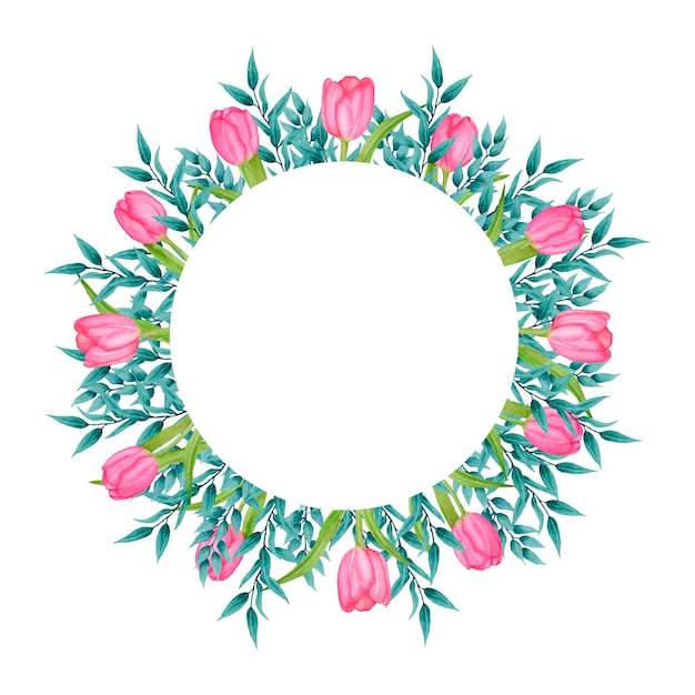 Cornice floreale acquerello con tulipani rosa e rami di eucalipto. Illustrazione botanica dell'acquerello