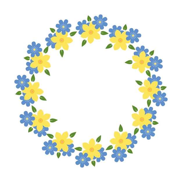 Cornice floreale rotonda con fiori primaverili gialli e blu