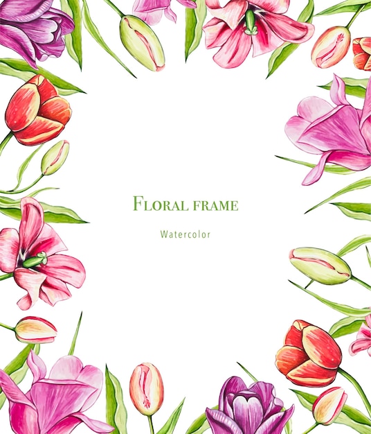 Cornice floreale tulipano acquerello disegno a mano Confine con fiori primaverili