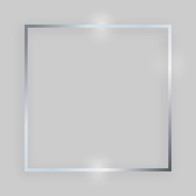 Cornice lucida con effetti luminosi. Cornice quadrata argento con ombra su sfondo grigio. Illustrazione vettoriale