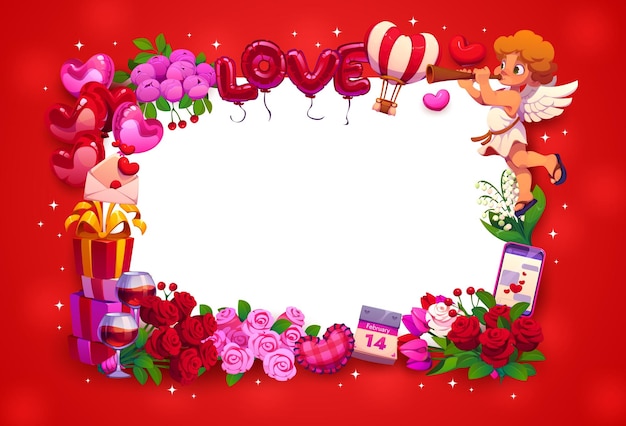 cornice per il giorno di San Valentino con caratteri di cherubino Cupido