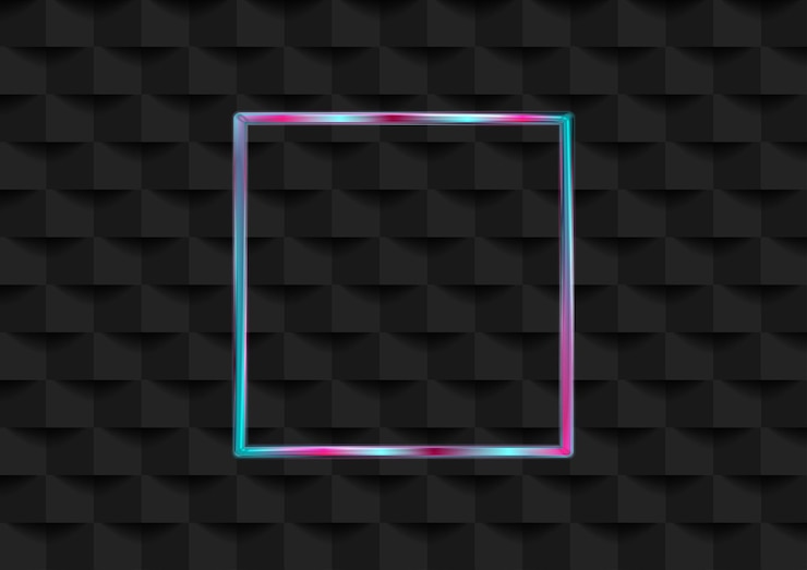 Vettore cornice quadrata al neon olografica su sfondo geometrico nero