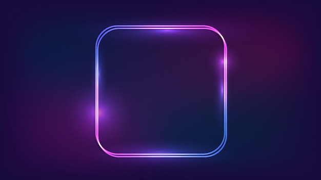 Cornice quadrata bombata al neon con effetti brillanti su sfondo scuro. Sfondo techno incandescente vuoto. Illustrazione vettoriale.