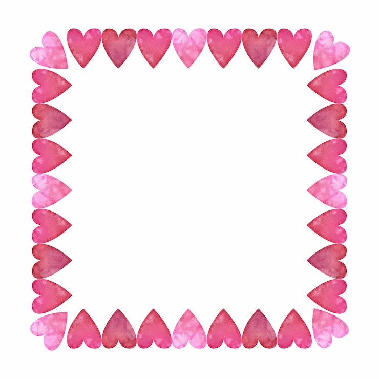 Vettore cornice quadrata disegnata a mano dell'acquerello di cuori rossi rosa e viola per san valentino isolato su sfondo bianco design per carta amore biglietti di auguri stampa tessile carta da parati matrimonio