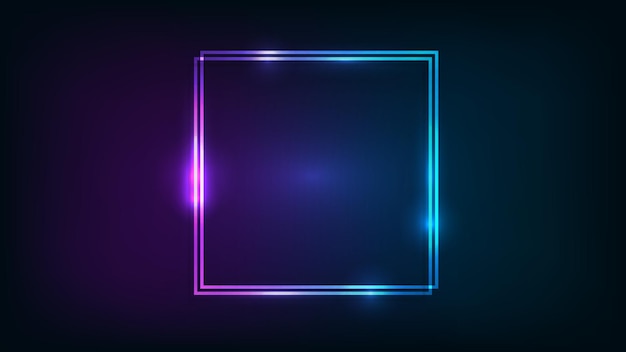 Cornice quadrata doppia al neon con effetti brillanti su sfondo scuro Sfondo techno luminoso vuoto Illustrazione vettoriale