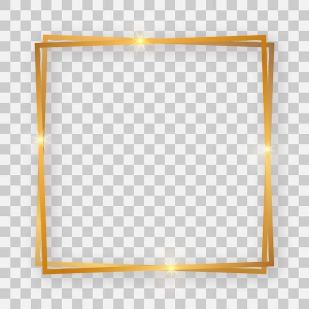 Cornice quadrata doppia oro lucido con effetti luminosi e ombre su sfondo trasparente. Illustrazione vettoriale
