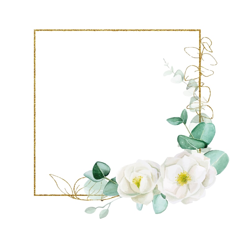 Vettore cornice quadrata in oro vintage con fiori ad acquerello e foglie di eucalipto