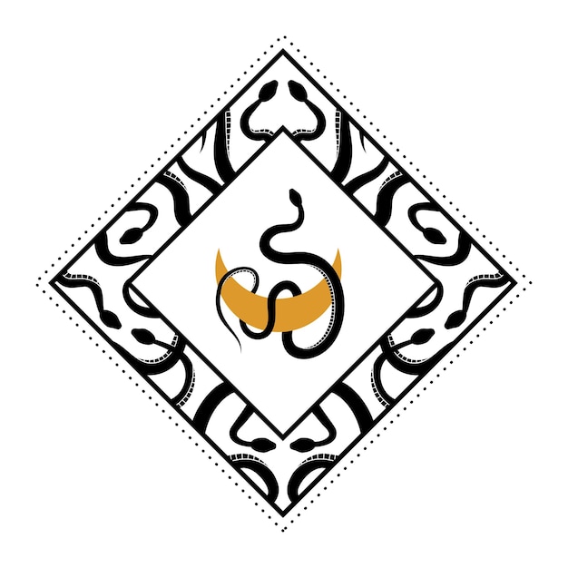 Cornice quadrata monocromatica serpente Serpente mistico e luna in cornice rettangolare Elemento decorativo di design