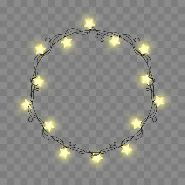 Cornice retrò astratta leggera. Ghirlande di colore realistico, decorazioni festive. Luci d'ardore isolate su scacchi trasparenti. Illustrazione vettoriale.
