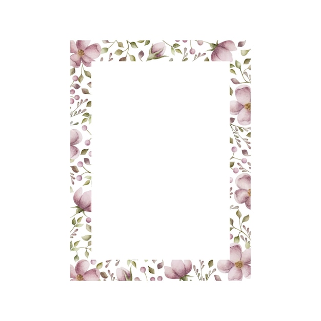 Cornice rettangolare ad acquerello di fiori rosa Cornice dipinta a mano con fiori e fili d'erba