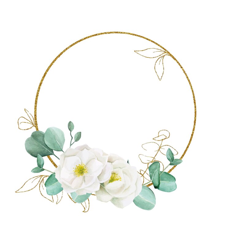 cornice rotonda dorata con foglie di eucalipto acquerello e fiori bianchi di peonia rosa selvatica