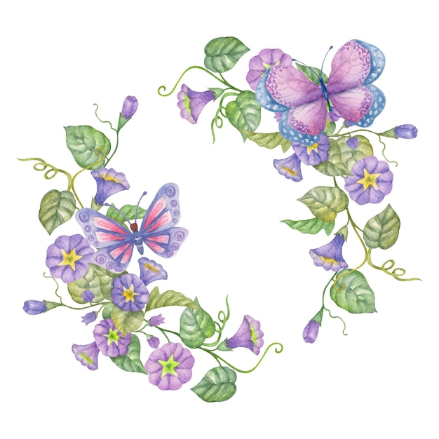 Cornice rotonda floreale di gloria mattutina viola dell'acquerello con farfalle