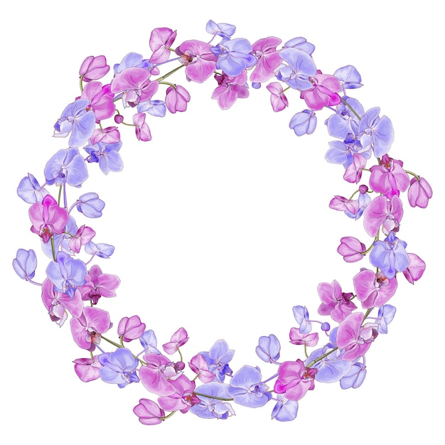 Cornice rotonda floreale di orchidea esotica di fiori rosa e viola isolata su un posto bianco per il testo