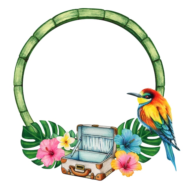 Cornice tropicale acquerello con valigia e uccello arcobaleno