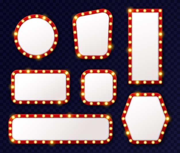 Cornici leggere retrò. Cornici vintage luminose realistiche 3D con lampadine incandescenti perimetrali intorno, elementi di cinema, teatro e casinò, specchio con lampade, cartello o pubblicità insieme vettoriale isolato