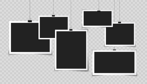 Cornici per foto sospese realistiche, colore nero e sfondo trasparente con Vettore Premium.