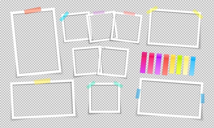 Cornici per foto vuote con effetti ombra Una cornice per foto con nastro di diversi colori e una graffetta Cornice per foto vintage per la tua foto Illustrazione vettoriale in stile realistico