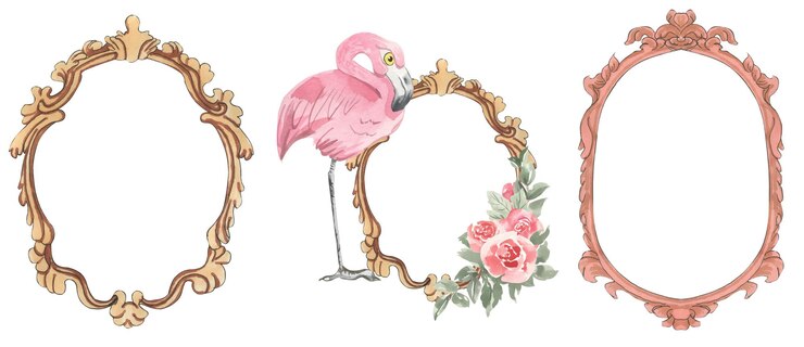 Vettore cornici vintage dipinte con liner e acquerelli fenicotteri e rose