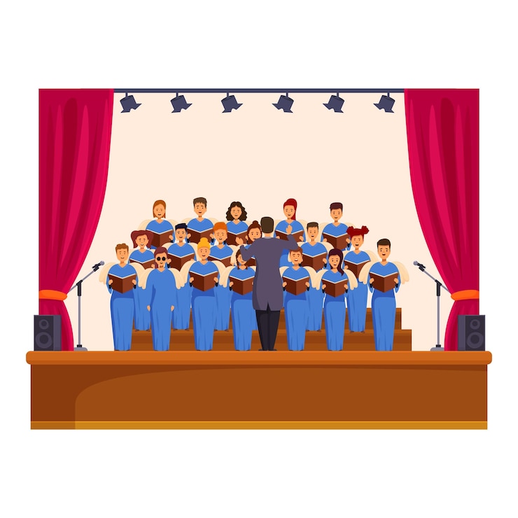 Vettore coro che canta sul palco con il direttore d'orchestra