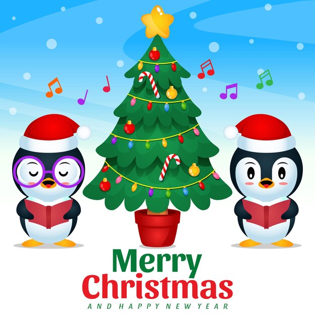 Coro di Natale dei pinguini che celebrano Natale e Capodanno