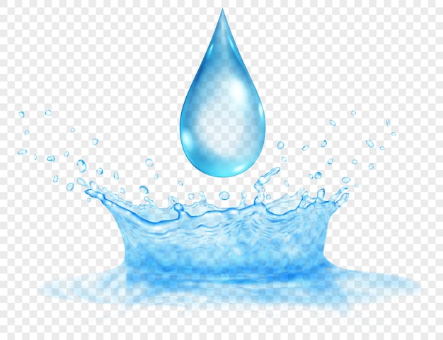 Corona d'acqua traslucida di due strati: superiore e inferiore e grande goccia. Spruzzi di colori azzurri con gocce, isolati su sfondo trasparente. Trasparenza solo nel file vettoriale