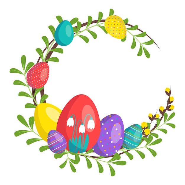 Corona di buona Pasqua in colori vivaci. Decorazione festiva con elementi primaverili, fiori e uova. Illustrazione piana di vettore. Adatto per cartoline, stampe e disegni