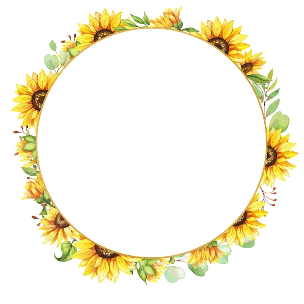 Corona di girasole cornice rotonda di fiori gialli dipinto a mano ad acquerello illustrazione