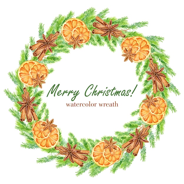 Corona di Natale dell'acquerello con rami di abete, arance, anice stellato e bastoncini di cannella. Cornice floreale