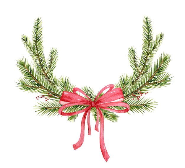 Corona di Natale di vettore dell'acquerello con un fiocco rosso e rami di abete