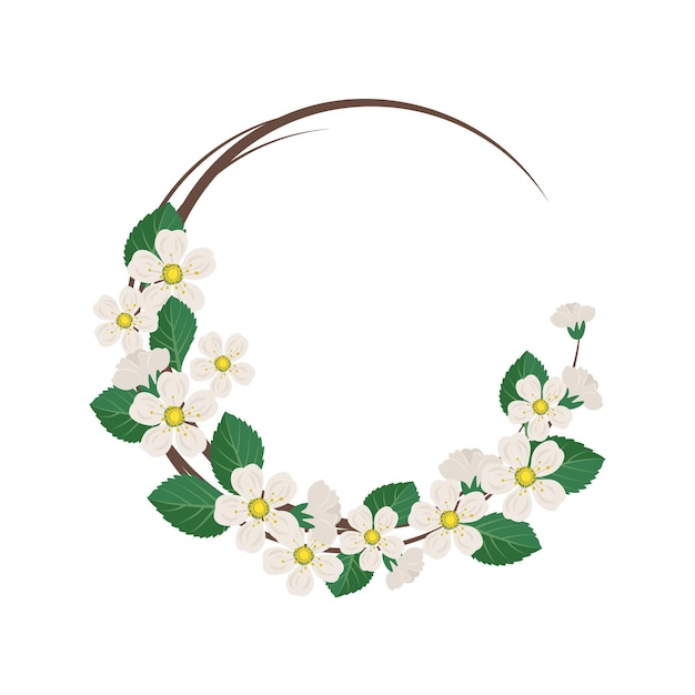 Corona rotonda di ciliegio o melo Cornice con fiori bianchi Composizione in fiore primaverile con boccioli e foglie Decorazione festiva per cartolina e design per le vacanze di nozze Illustrazione piatta vettoriale