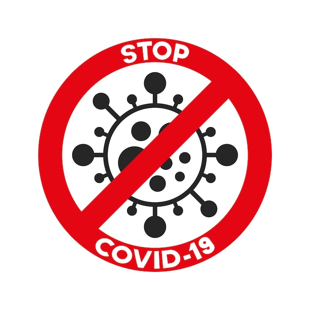 Coronavirus, ncov, covid - 19 logo. Segnale di pericolo. Icona del fumetto del virus con semplice iscrizione e simbolo di arresto rosso. Disegno di batteri vettoriali.
