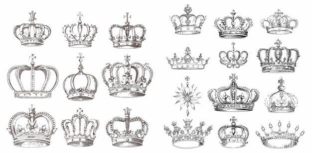 Corone di lusso schizzo regina o re incoronazione doodle e maestosa principessa tiara set di illustrazioni vettoriali isolate