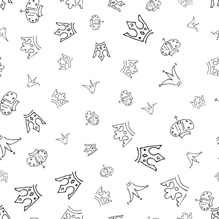 Corone disegnate a mano Modello senza cuciture di semplici graffiti schizzo corone regina o re Incoronazione imperiale reale e simboli monarca Illustrazione vettoriale