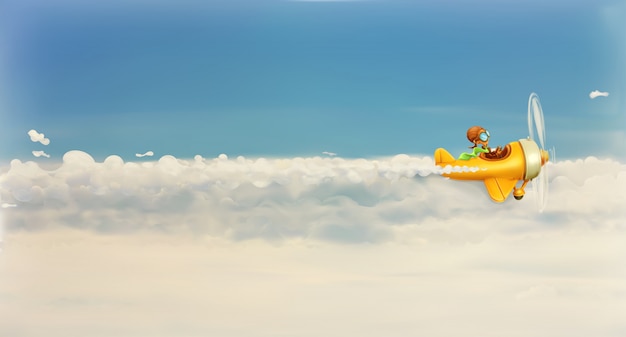 Corri dopo il tuo sogno, aviatore divertente del fumetto nel cielo, illustrazione