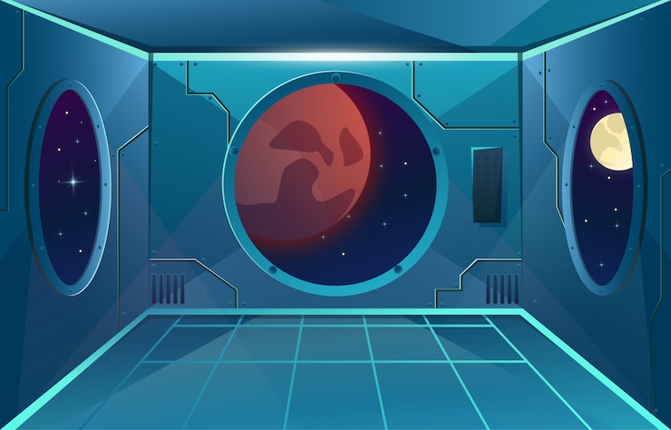 Vettore corridoio con grande oblò in astronave. luna e marte pianeta nel viewport. futuristica sala interna per i giochi