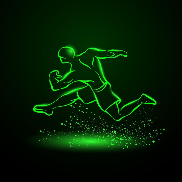 Vettore corridore forte silhouette lineare verde al neon di un atleta in corsa