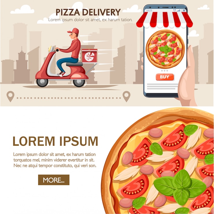 Vettore corriere della pizza su scooter retrò rosso. uomo di consegna, servizio di consegna su app mobile. ristorante di cibo online. illustrazione con il paesaggio della città. pagina del sito web e app mobile
