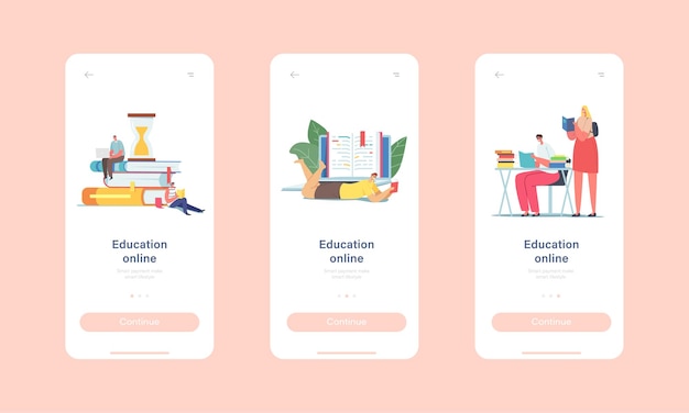 Corsi a distanza, modello di schermo integrato della pagina dell'app mobile di formazione online. Caratteri di piccoli studenti che studiano su un mucchio di libri enormi utilizzando il computer portatile per il concetto di lezioni. Cartoon persone illustrazione vettoriale