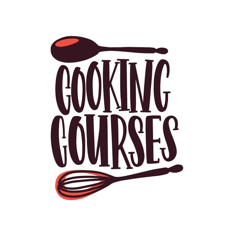 Vettore corsi di cucina etichetta logotipo piatto vettoriale. logo di classi culinarie, scuola di preparazione del cibo isolata su priorità bassa bianca. cucchiaio e frusta da cartone animato con adesivo con lettere scritte a mano.